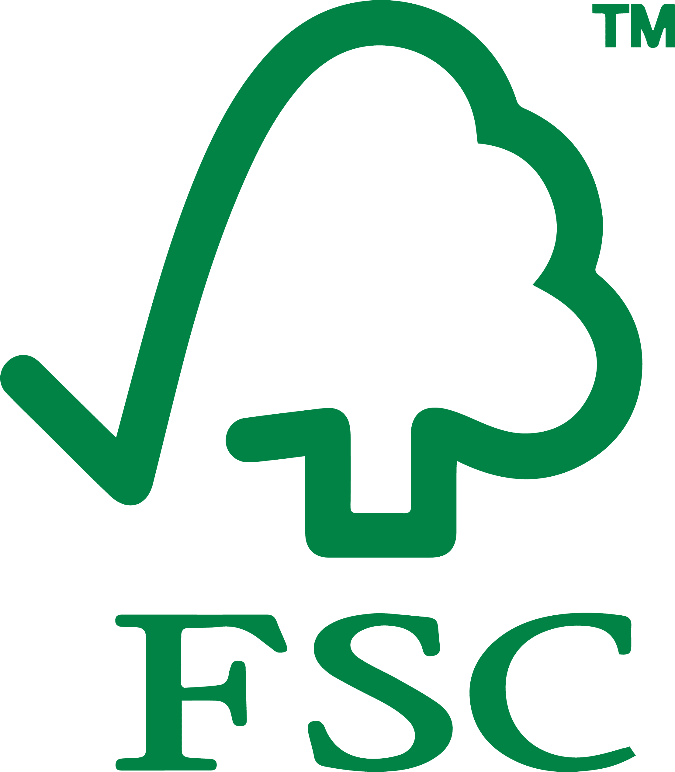 Green FSC logo featuring a stylized tree outline with the letters "FSC" underneath, indicating the Forest Stewardship Council certification, suitable for both large format printing and small format printing needs.