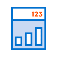 Bar chart icon with three ascending blue bars and the number 123 in orange at the top. The background is light blue with a white header, reminiscent of small format printing designs.