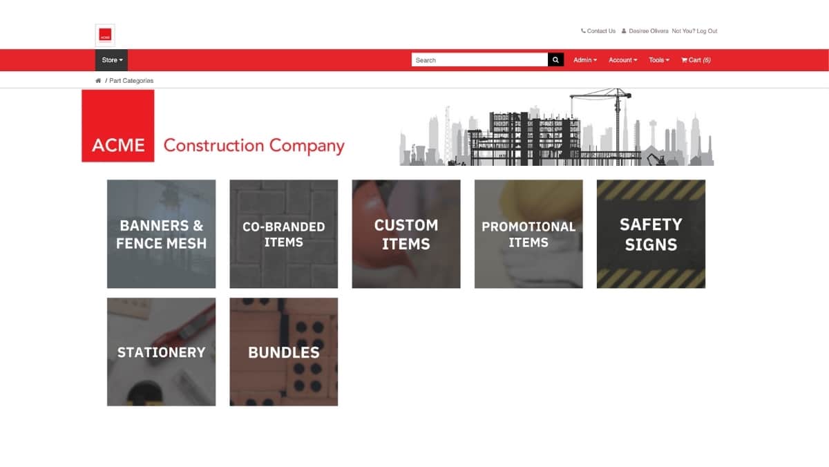         Explore the ACME Construction Company website for categories including Banners & Fence Mesh, Co-Branded Items, Custom Items, Promotional Items, Safety Signs, Stationery, and Bundles. Discover how our large format printing solutions elevate your projects.