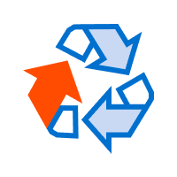 A recycling symbol with three arrows in a circular shape. One arrow is red, and the other two are light blue, all outlined in blue. Ideal for large format printing to ensure clarity and impact.