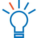 Fabrication_ideationO Icon of a light bulb with blue rays radiating outward and one orange ray, symbolizing innovation or web to print solutions.