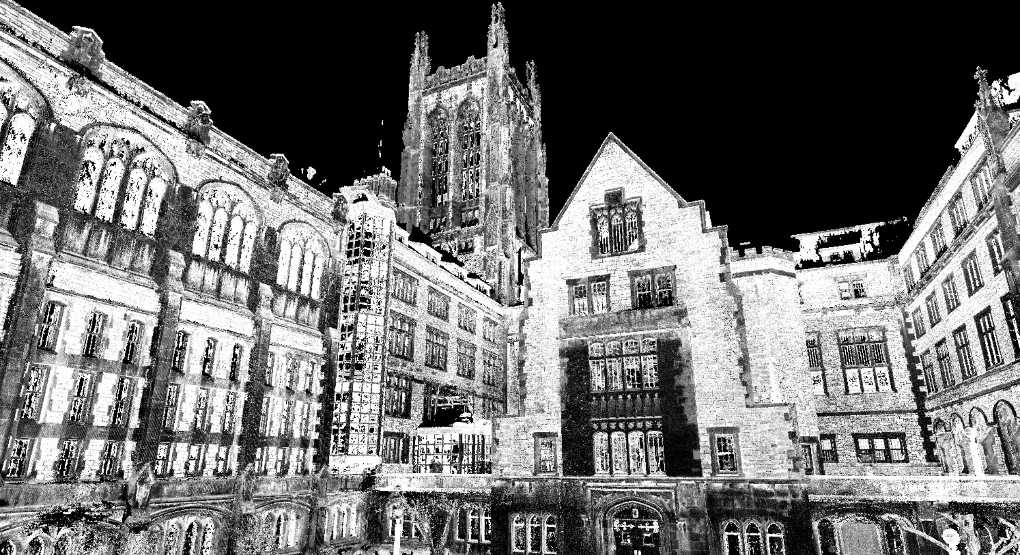 A detailed black-and-white rendering of an elaborate multi-story historic building with a central tower and arched windows. The architecture, meticulously captured using 3D scanning, showcases Gothic and medieval design elements.