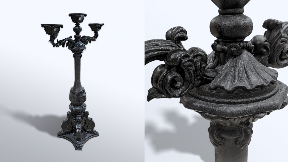 Fabrication - Dior Lamp Post - 50_50 Two views of an ornate, dark metal candelabrum with intricate carvings and multiple candle holders. The left image shows the full stand in large format printing quality, while the right image focuses on the decorative details captured through 3D scanning.