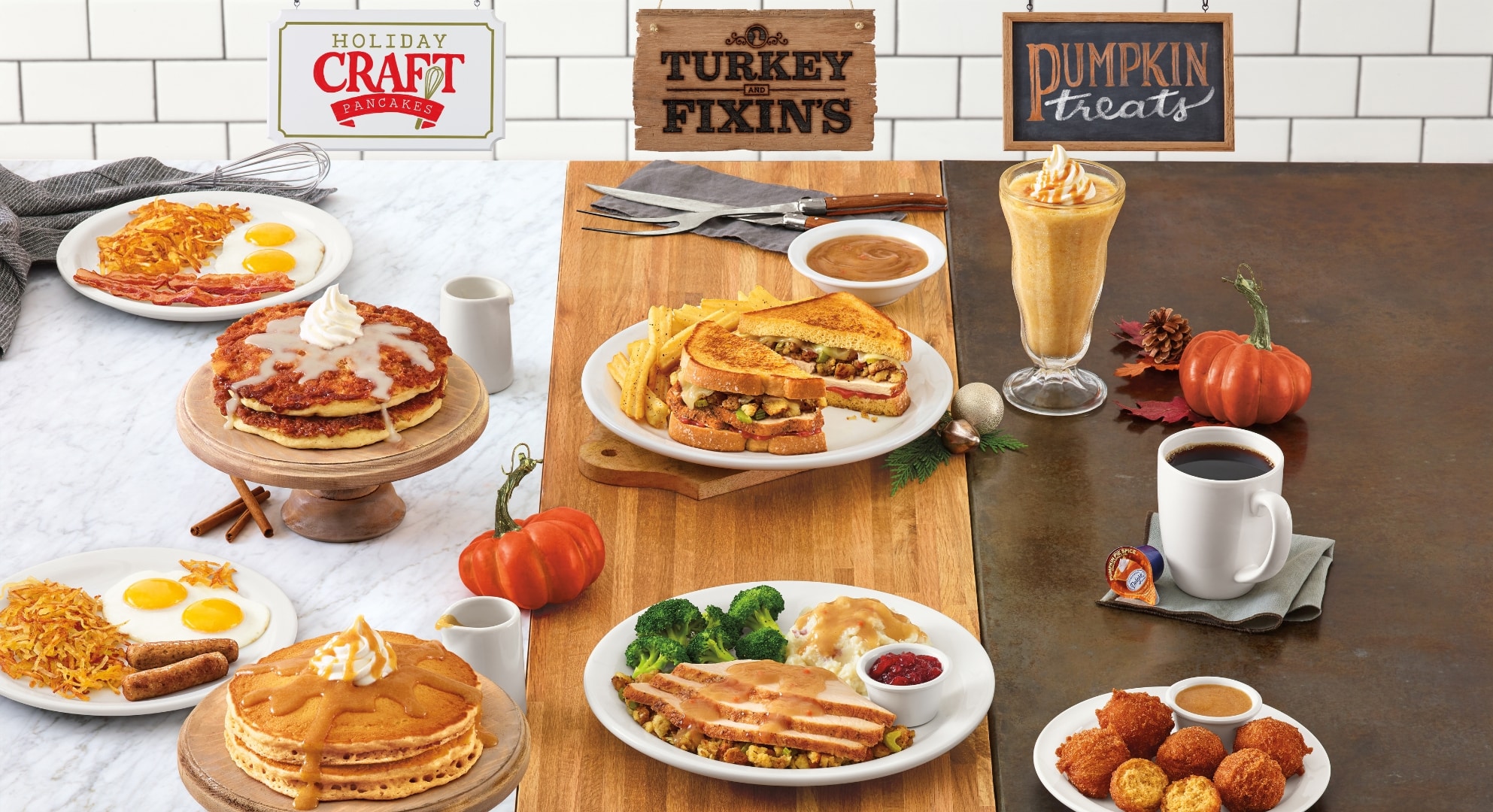 Food & Beverage 1 - Header A variety of breakfast dishes and a milkshake are artfully arranged on a table, reminiscent of 3D scanning services. Signs above read "Holiday Craft Pancakes," "Turkey N Fixin's," and "Pumpkin Treats.