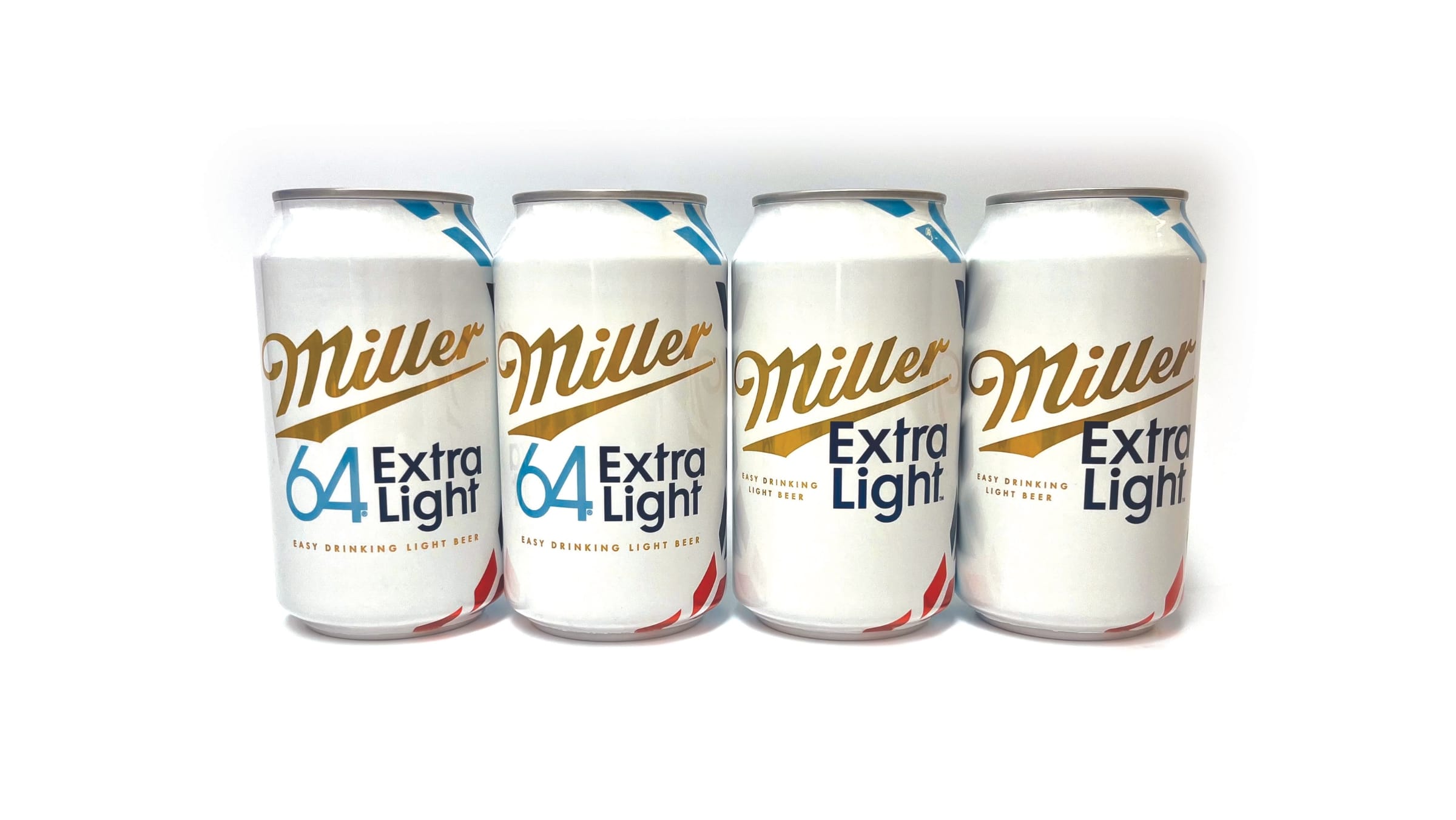 Packaging - Beverage - 50_50 Four cans of Miller 64 Extra Light beer are lined up against a white background. The cans feature white and blue labeling with gold text, captured in stunning detail thanks to advanced 3D scanning technology.