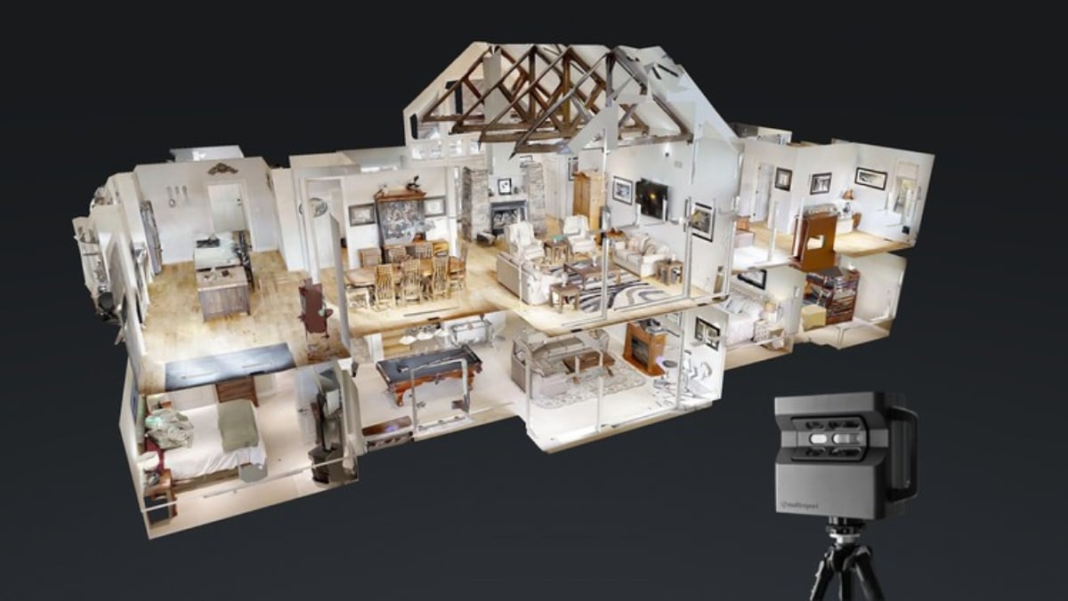 Real Estate - Matterport 4 - 50_50 A 3D scanner on a tripod capturing a detailed 3D model of a multi-room interior layout, including bedrooms, kitchen, and living areas, perfect for large format printing to ensure every intricate detail is preserved.