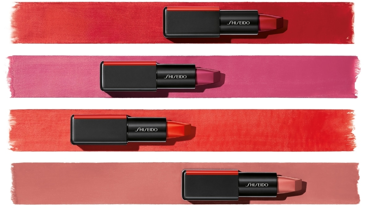 Retouching - Samsung Galaxy Four Shiseido lipsticks in various shades are artfully displayed on matching color swatches of red, pink, coral, and nude, showcasing precision akin to 3D printing services in their vibrant allure.