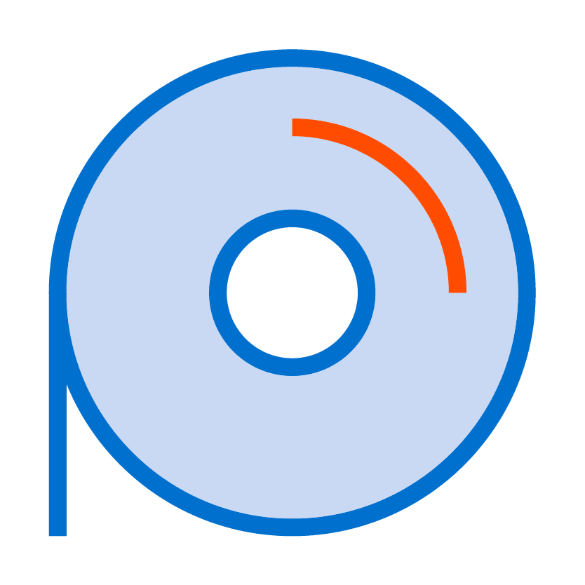 A blue-outlined compact disc with a red curved segment on its upper right side and a blue line extending downward from the left.