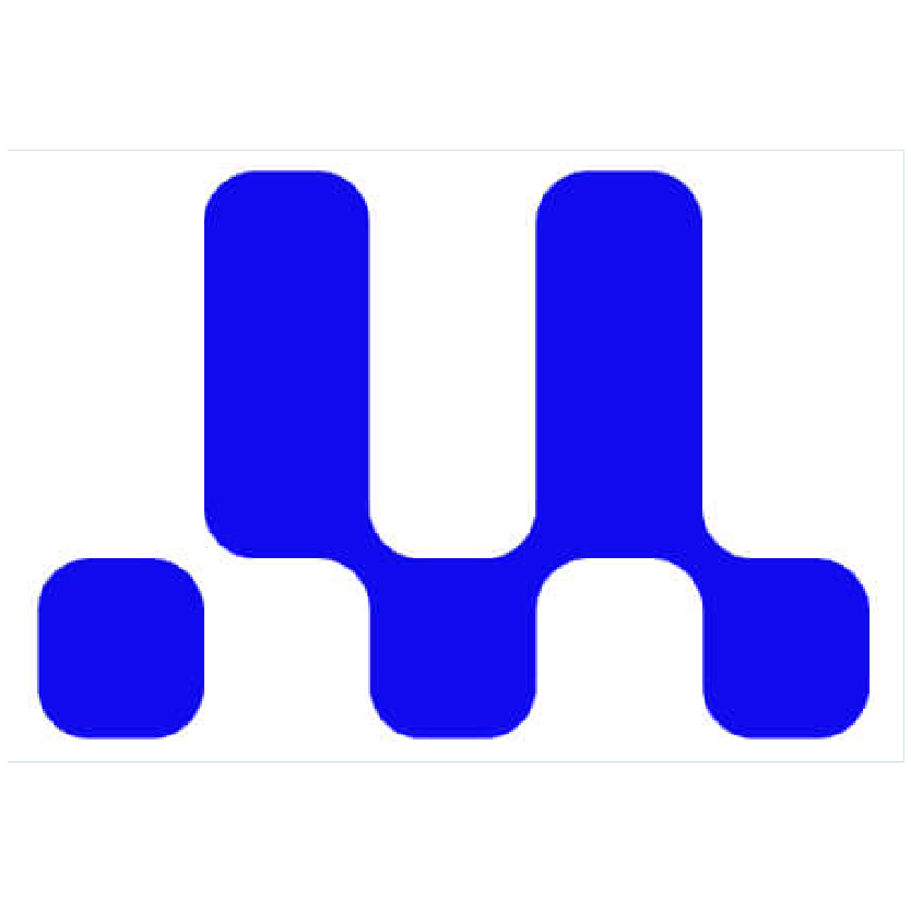 A blue abstract geometric shape with four rounded rectangles connected by curves, forming a symmetrical pattern on a white background.