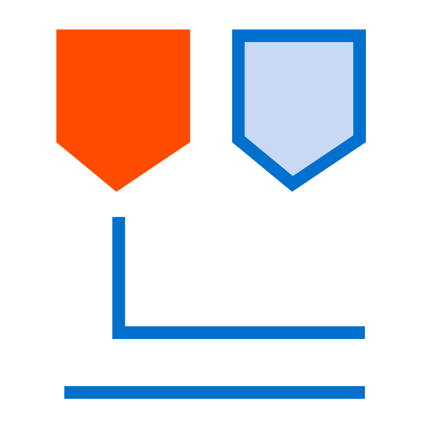 Two geometric shapes resembling medals above two blue horizontal lines, one medal is orange and the other is light blue with a blue border.