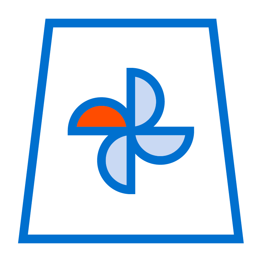 A blue outlined trapezoid contains a four-blade pinwheel shape with three blue blades and one orange blade in the top left position.