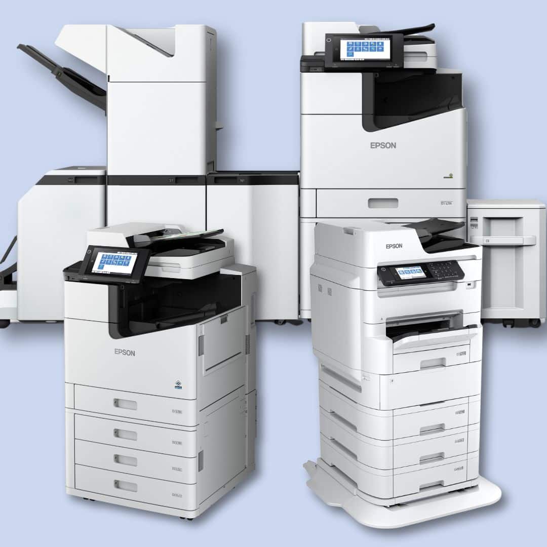 Three Epson multifunction printers and copiers with touchscreens are displayed against a light blue background.