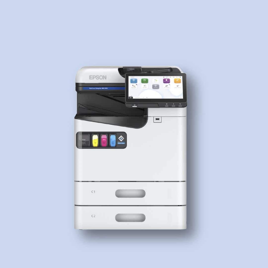 A white Epson multifunction printer with a touchscreen display and visible ink cartridges, shown against a light blue background.