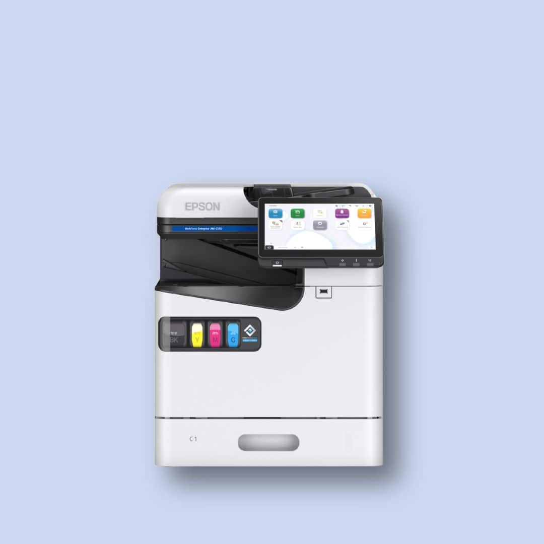 A white Epson multifunction printer with a touchscreen, paper tray, and four visible ink tanks against a light blue background.